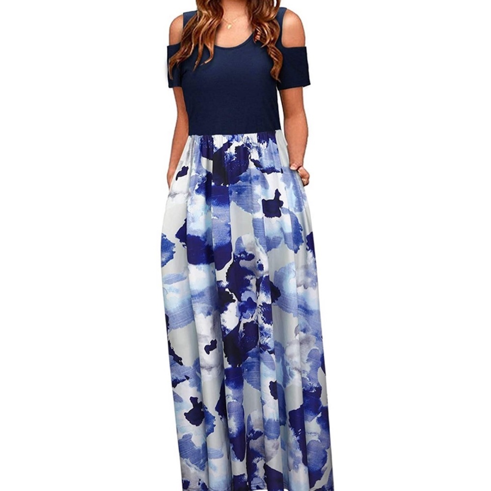 Cold Shoulder Floral Casual Long Maxi Dress Pocket - Picture 8 of 10